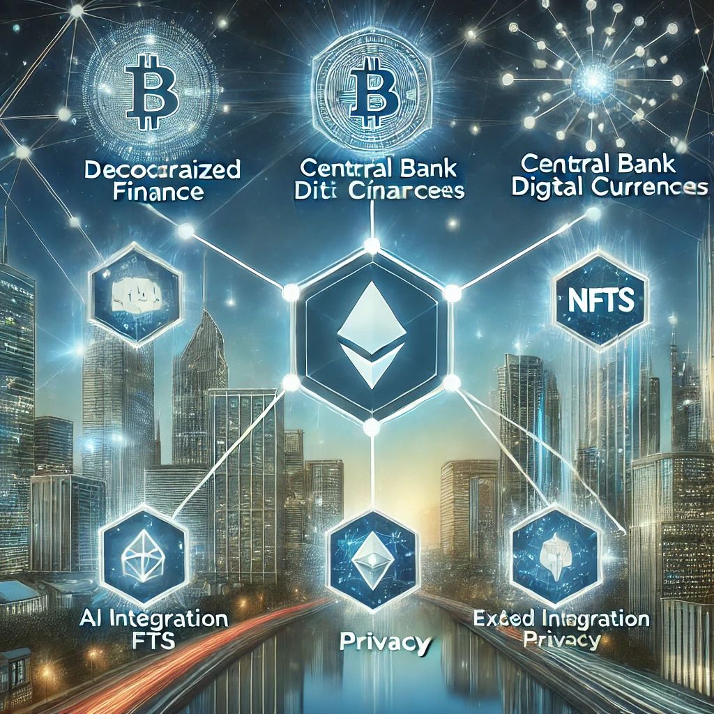 Ilustrasi tren blockchain 2024, menampilkan kota futuristik dengan ikon holografik untuk DeFi, CBDC, NFT, integrasi AI, dan fitur privasi canggih. Terhubung dengan jaringan blockchain yang menggambarkan interoperabilitas dalam desain digital modern.