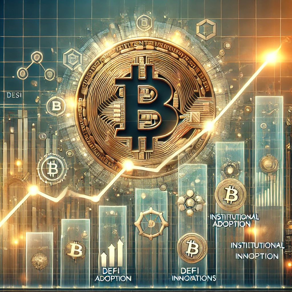 Grafik tren harga Bitcoin selama lima tahun terakhir menunjukkan pertumbuhan signifikan dengan fluktuasi yang tajam. Di sisi kanan, terdapat ikon yang mewakili adopsi institusi dan inovasi DeFi, menunjukkan dampak faktor-faktor ini terhadap pasar crypto. Latar belakang berdesain modern dengan sentuhan visual blockchain.