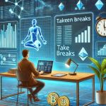 Ilustrasi digital seseorang yang menyeimbangkan waktu layar sambil mengelola investasi crypto di ruang kerja blockchain futuristik.