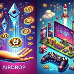 Gambar perbandingan antara Airdrop dan Game NFT di dunia cryptocurrency, menunjukkan tangan menerima token gratis untuk Airdrop di sisi kiri dan controller game dengan kartu NFT digital untuk Game NFT di sisi kanan.